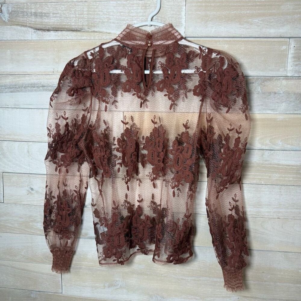 Haute Monde Sheer Brown Embroidered Puff Sleeve Mock Neck Top Size Medium - Picture 6 of 8
